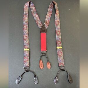 VTG 1980s CAS West Germany Red Paisley Silk & Brown Leather Suspenders Braces
